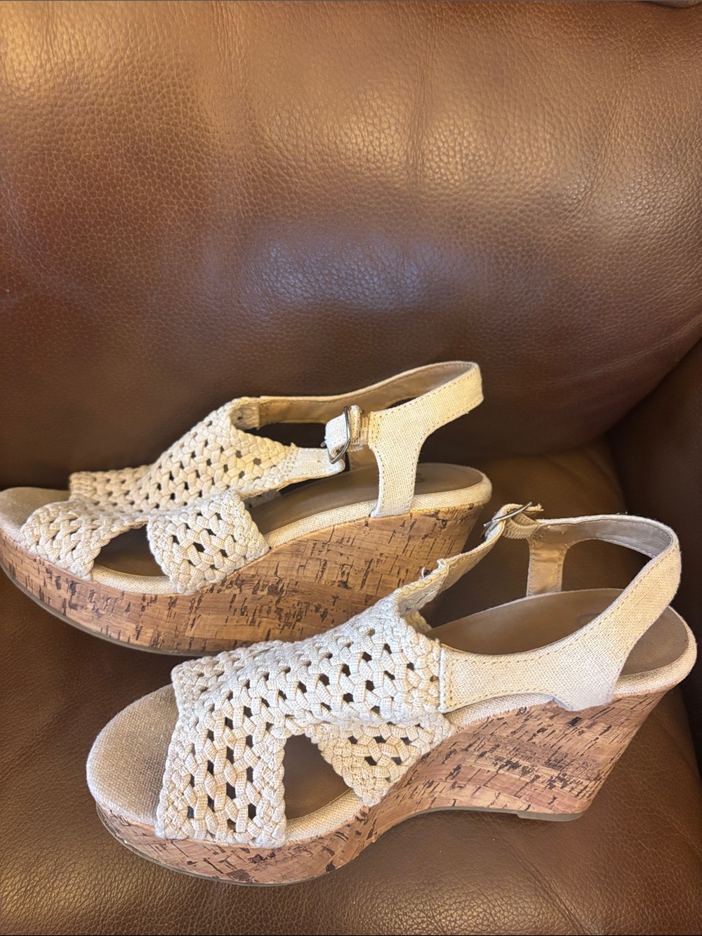SO Taffy Natural Woven Cork Wedge Sandals Size 8 - Picture 2 of 6